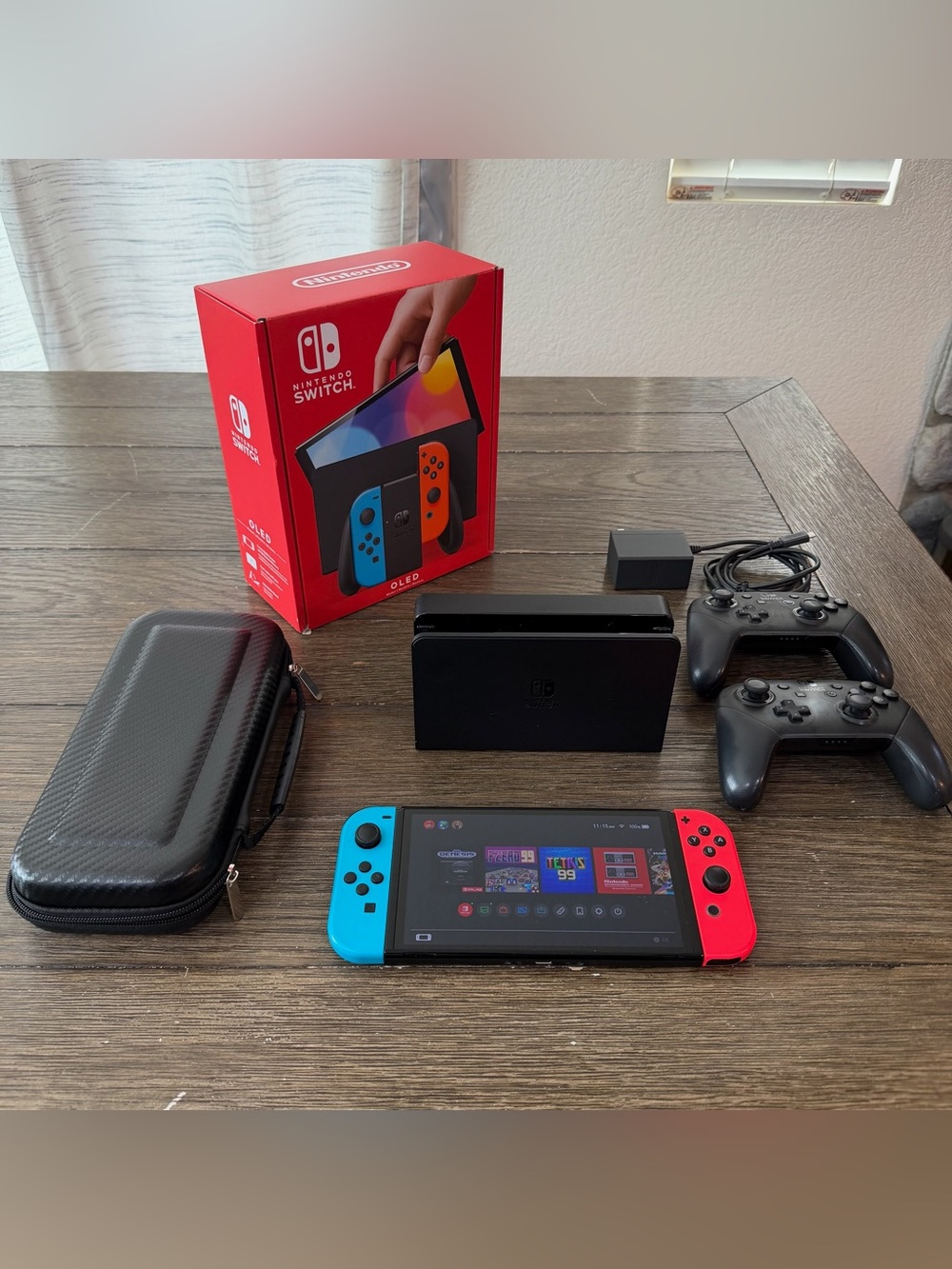 Nintendo Switch OLED Neon Bundle 2 Pro Controllers 256GB SanDisk Case Box Mint